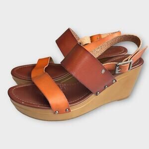 American Eagle Brown Cognac Leather Strappy Wedge Sandals | 9
